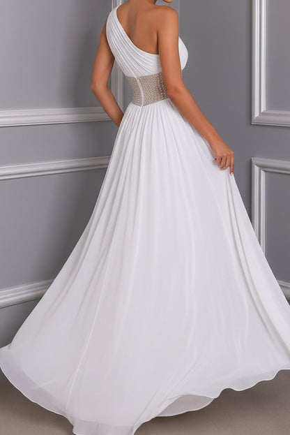 One-Shoulder A-Line Gown with Beaded Waistband