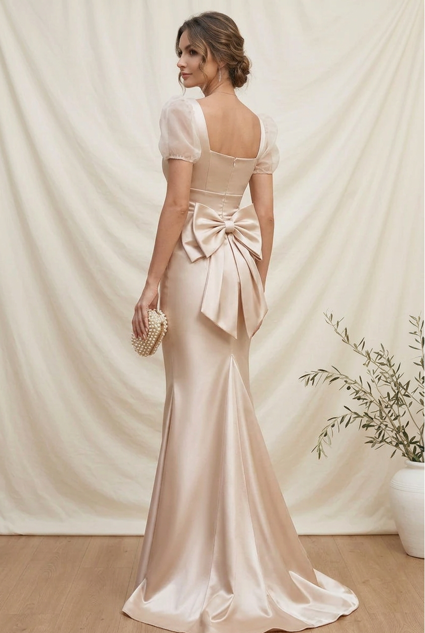Ruched Mermaid Gown with Lace Cap Sleeves