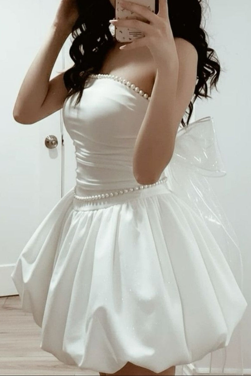 Strapless Pearl-Trim Satin Bubble Skirt Mini Dress