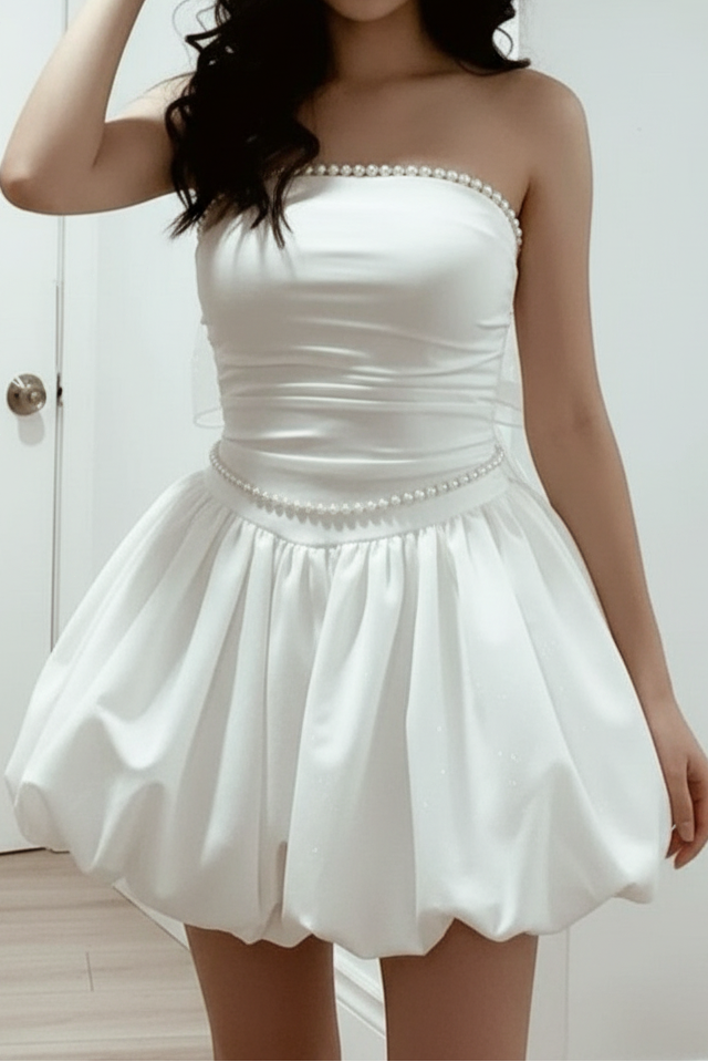 Strapless Pearl-Trim Satin Bubble Skirt Mini Dress
