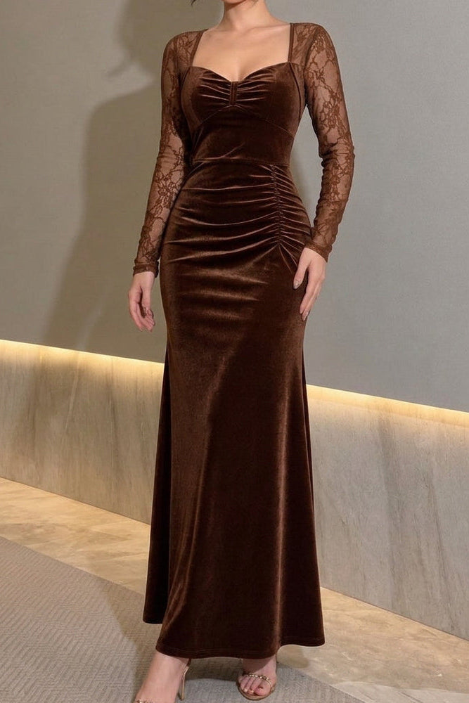 Ruched Velvet Evening Gown with Sheer Floral Lace Sleeves