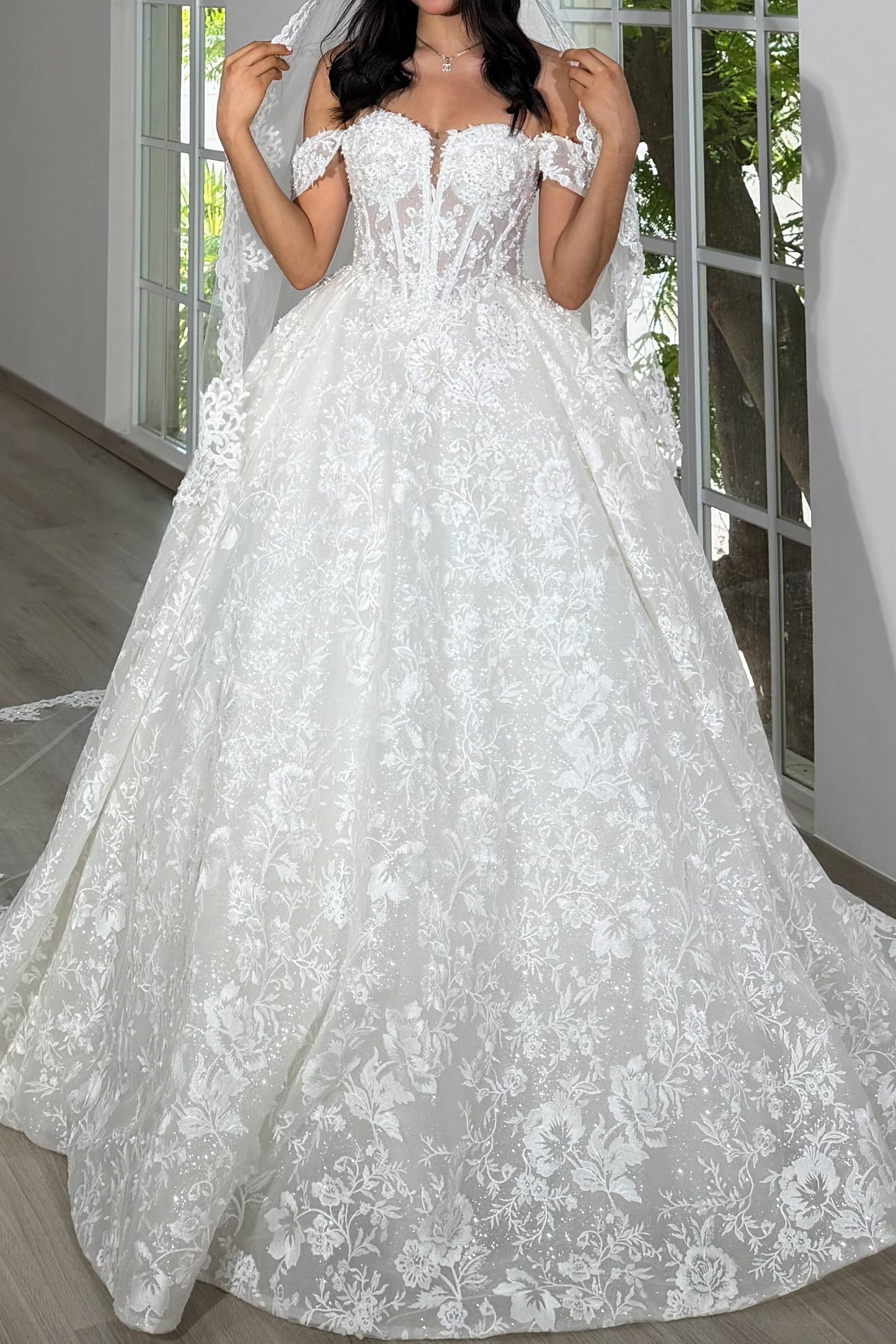 Off-the-Shoulder Lace Corset Ball Gown Wedding Dress