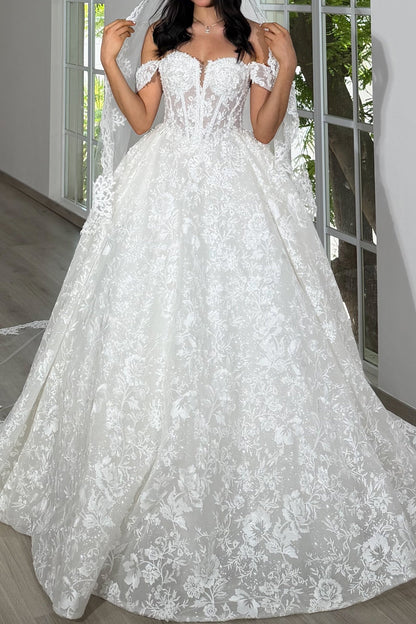 Off-the-Shoulder Lace Corset Ball Gown Wedding Dress