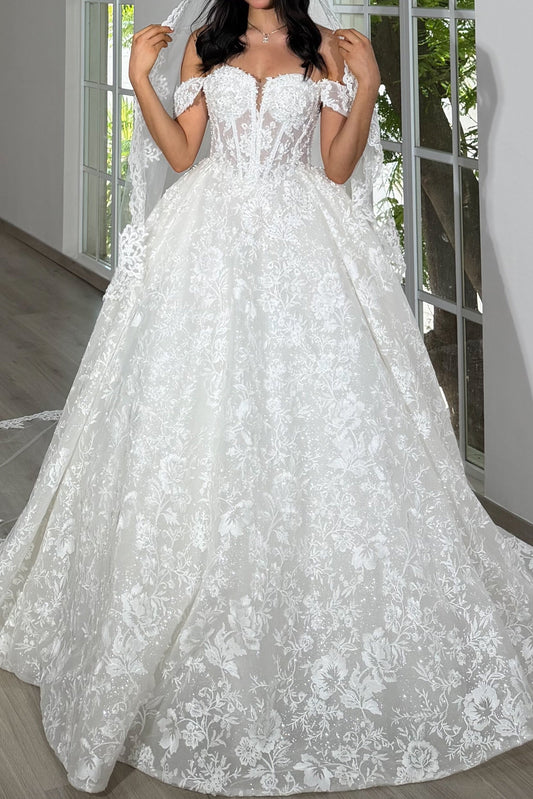 Off-the-Shoulder Lace Corset Ball Gown Wedding Dress