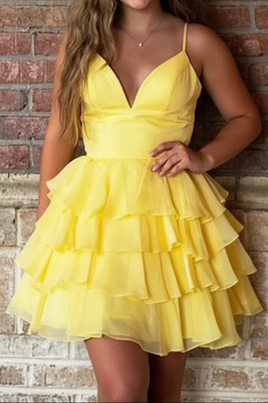 Tiered Ruffle V-Neck Spaghetti Strap Mini Dress
