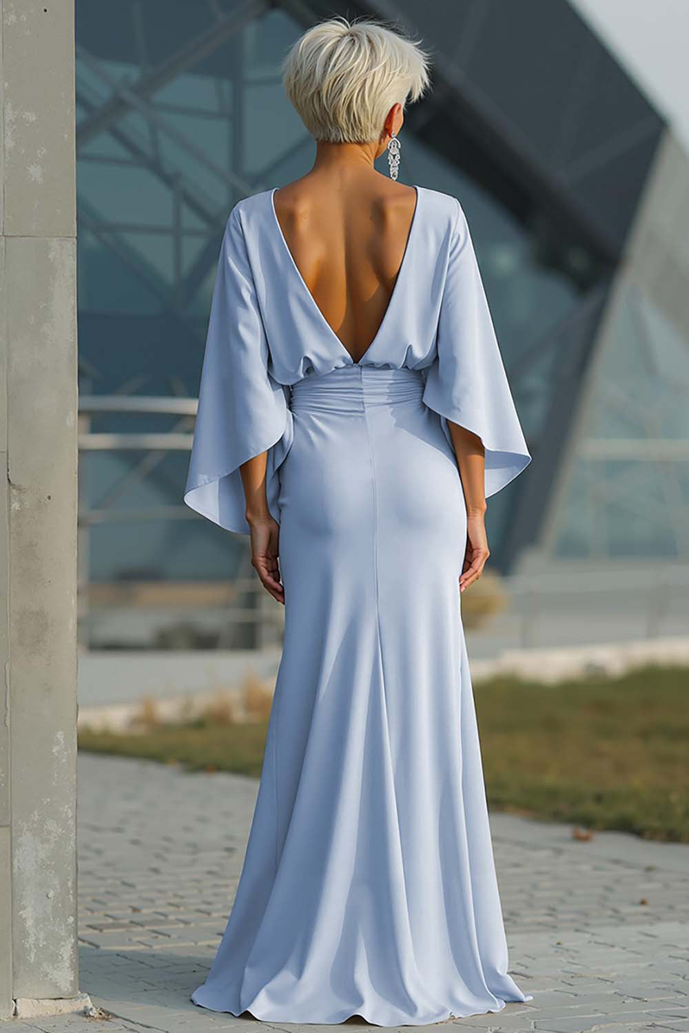 Elegant Ruched Evening Gown with Cape Sleeves