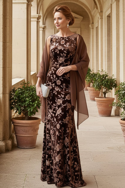 Floral Velvet Column Evening Gown with Sheer Shawl