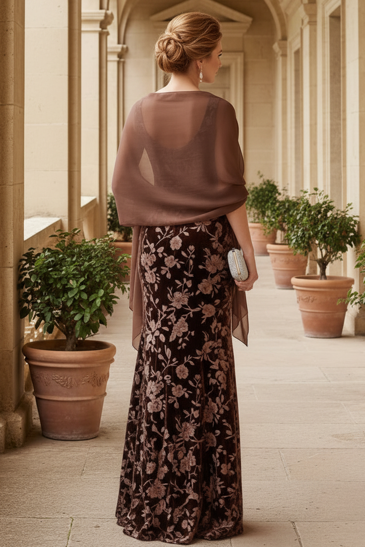 Floral Velvet Column Evening Gown with Sheer Shawl