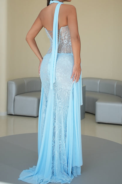 Halter Neck Draped Lace Overlay Evening Gown