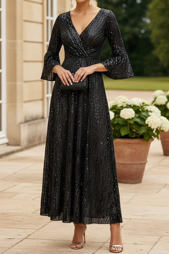 Sequin Wrap V-Neck Bell Sleeve A-Line Gown