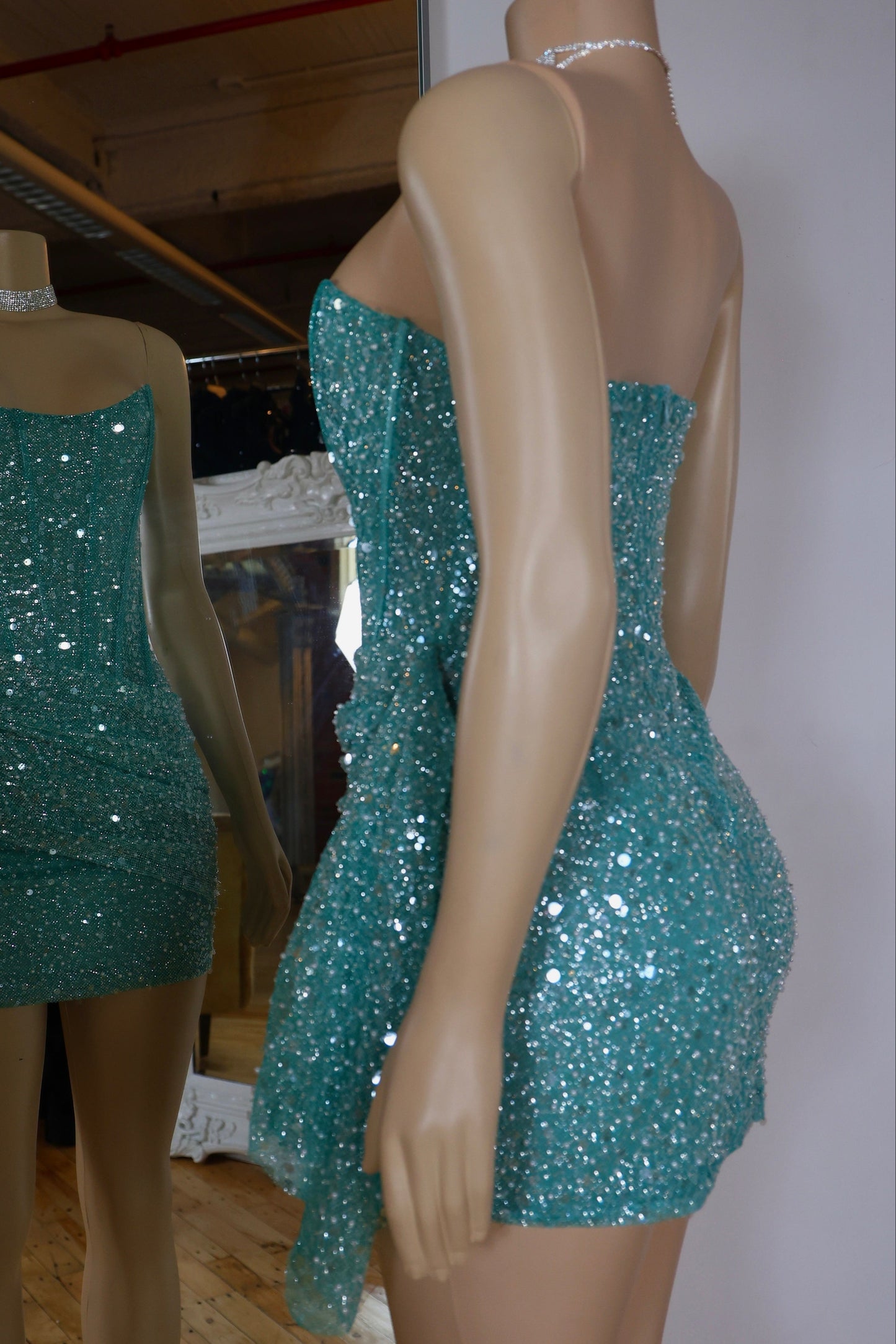 Strapless Corset Sequin Mini Dress with Side Draping