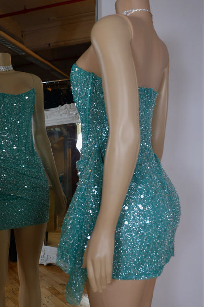 Strapless Corset Sequin Mini Dress with Side Draping
