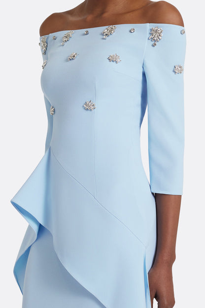 Off-the-Shoulder Beaded Column Gown with Cascading Peplum