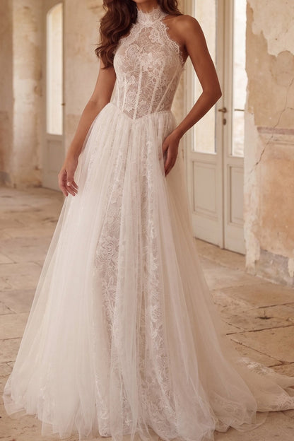 Halter Neck Lace Corset A-Line Wedding Dress