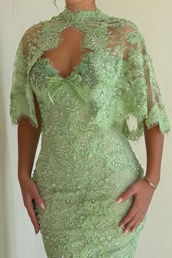 Embroidered Lace Gown with Capelet