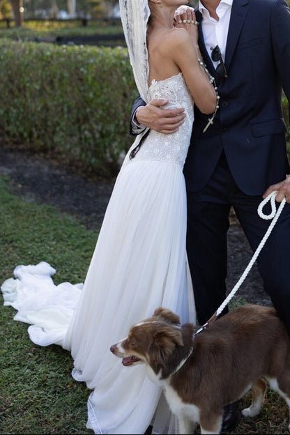 Strapless Drop Waist Floral Embroidered Wedding Dress