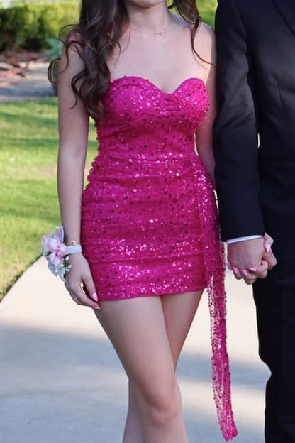 Strapless Sweetheart Sequin Mini Dress with Side Drape