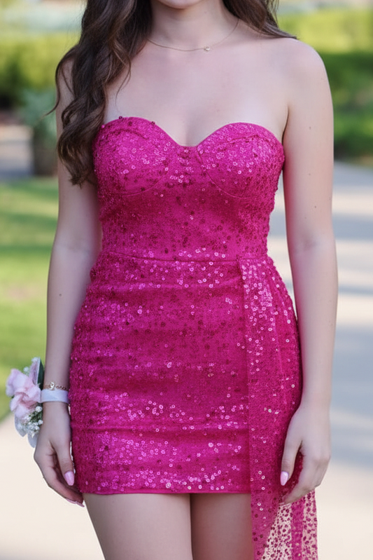 Strapless Sweetheart Sequin Mini Dress with Side Drape