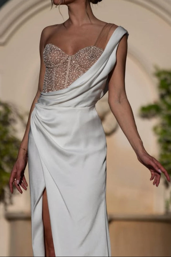 One-Shoulder Beaded Corset Wedding Dress