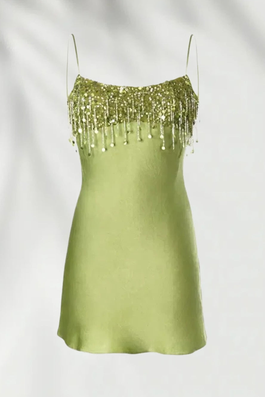 Beaded Fringe Satin Slip Mini Dress