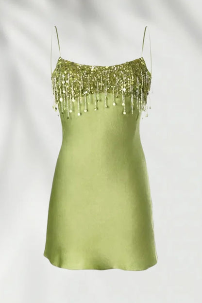 Beaded Fringe Satin Slip Mini Dress