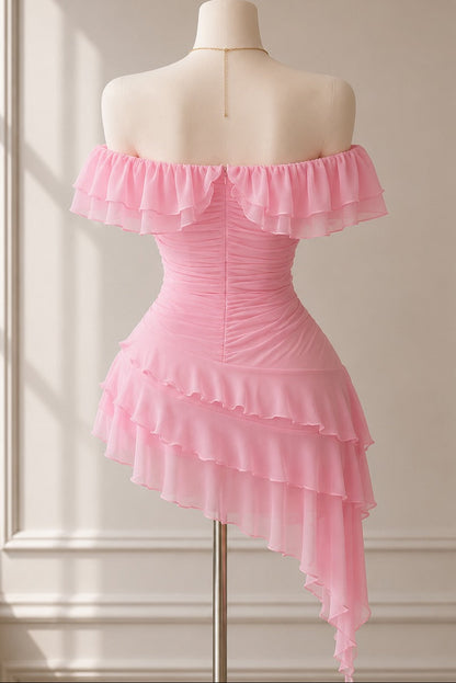 Off Shoulder Ruffle Tiered Asymmetrical Mini Dress