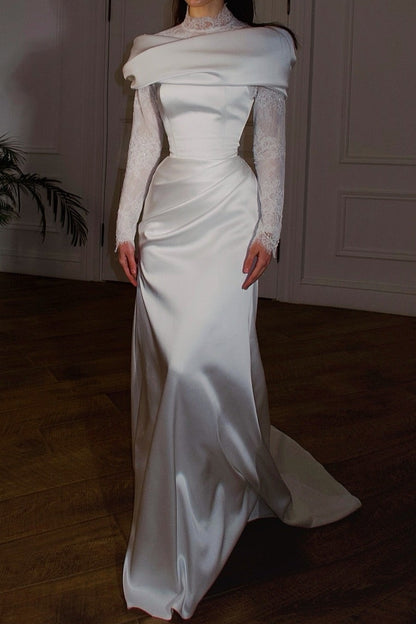 High Neck Satin Trumpet Wedding Dress with Lace Sleeves