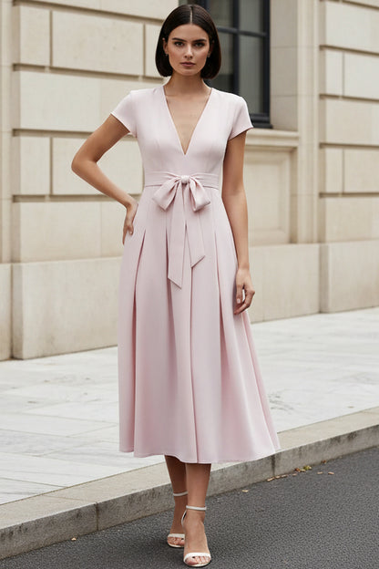 Elegant V-Neck A-Line Midi Dress with Pockets