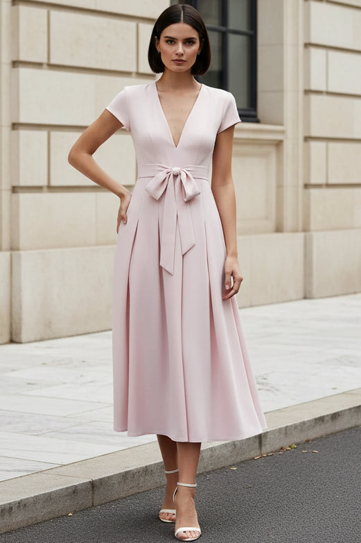 Elegant V-Neck A-Line Midi Dress with Pockets