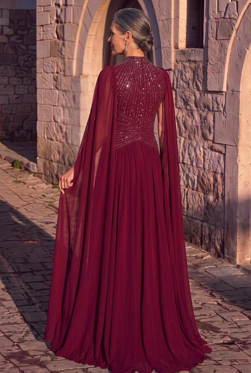 High Neck Embellished Cape Evening Gown