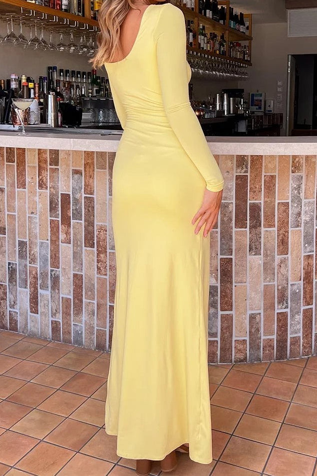 Ruched Front Slit Maxi Dress with Long Sleeves