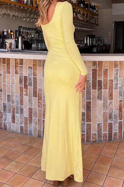 Ruched Front Slit Maxi Dress with Long Sleeves