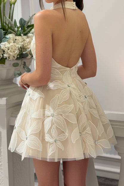 Floral Applique Rhinestone Halter Mini Dress