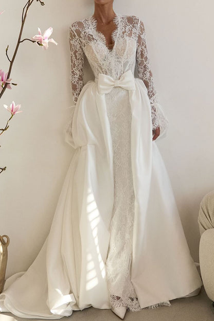 Lace Long Sleeve Wedding Dress with Bow Overskirt