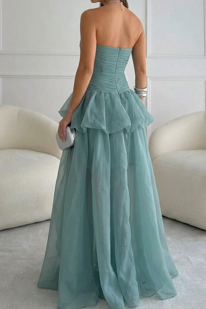 Strapless Pleated Evening Gown with Tiered Slit Skirt