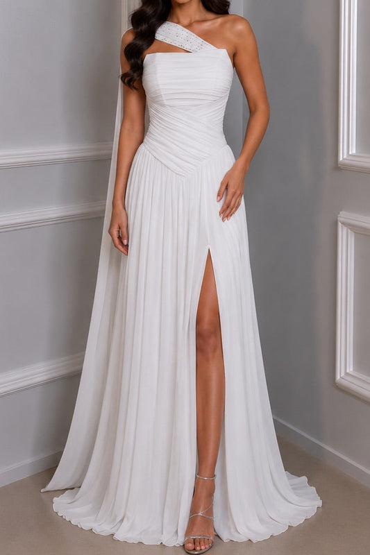 One-Shoulder Pleated Gown with Slit and Cape