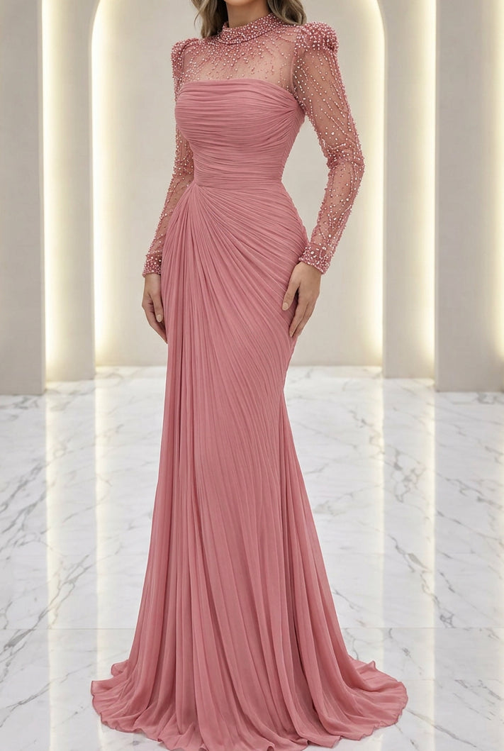 Ruched Long Sleeve Evening Dress with Beaded Illusion Neck