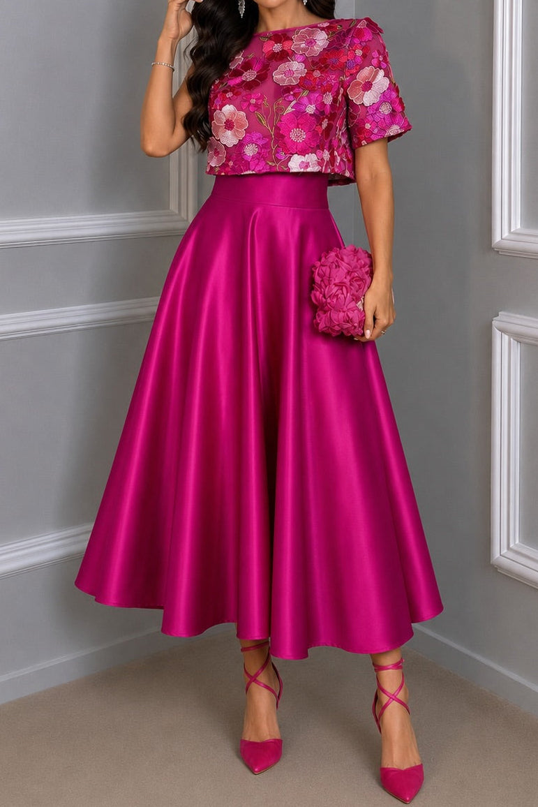 Lace Crop Top & Satin A-Line Skirt Two-Piece Set