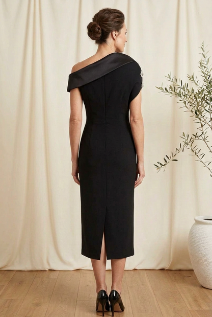 Asymmetric Neck Midi Dress with Crystal Detail