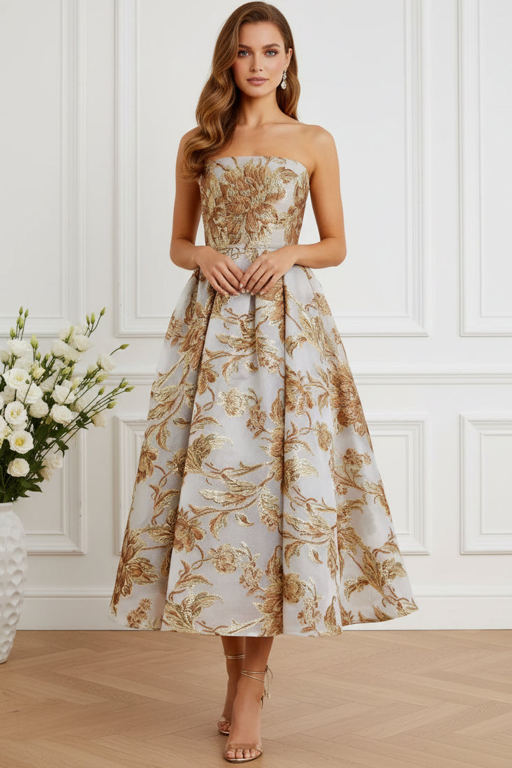 Strapless Metallic Floral Jacquard Midi Dress