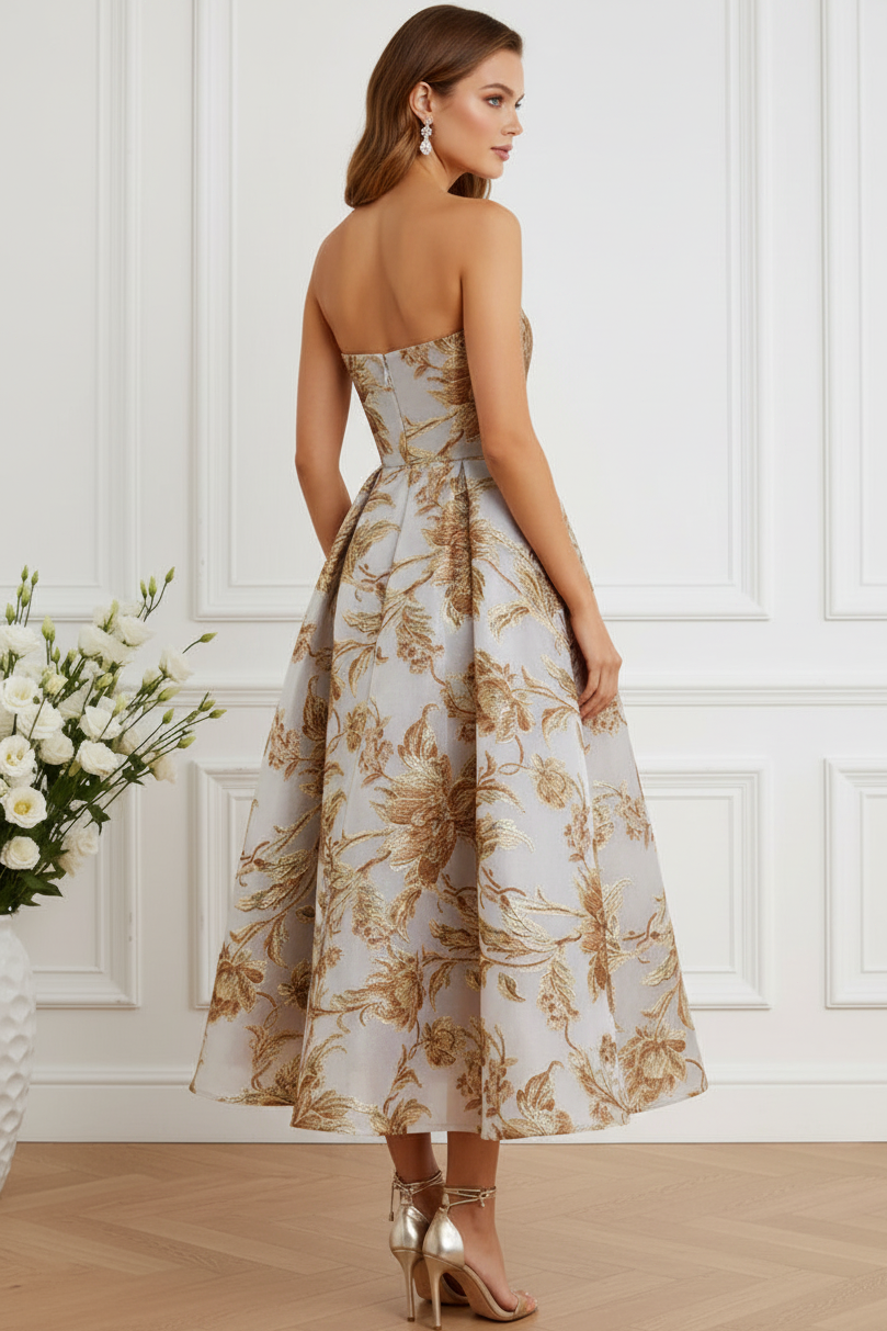 Strapless Metallic Floral Jacquard Midi Dress