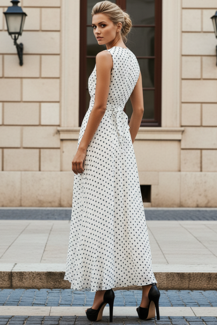 Sleeveless Polka Dot Midi A-Line Dress