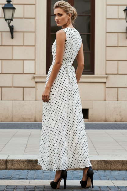 Sleeveless Polka Dot Midi A-Line Dress