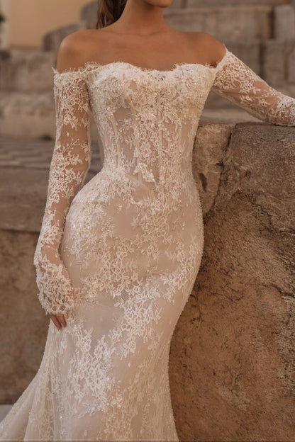 Off-Shoulder Lace Mermaid Wedding Gown with Long Sleeves