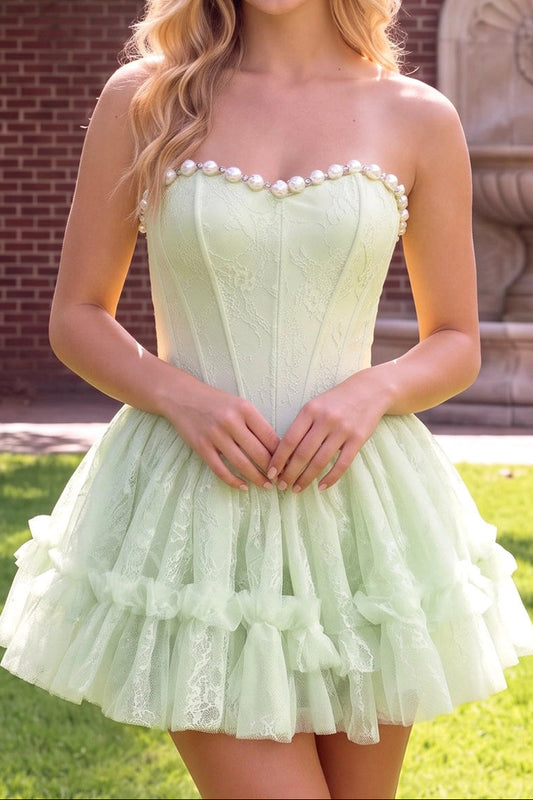 Strapless Pearl Corset Tiered Lace Mini Dress