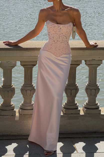 Strapless Lace Corset Satin Sheath Evening Gown