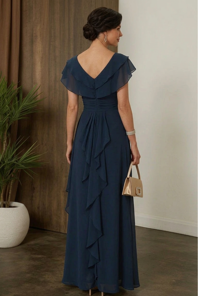 V-Neck Flutter Sleeve Gown with Side Draping