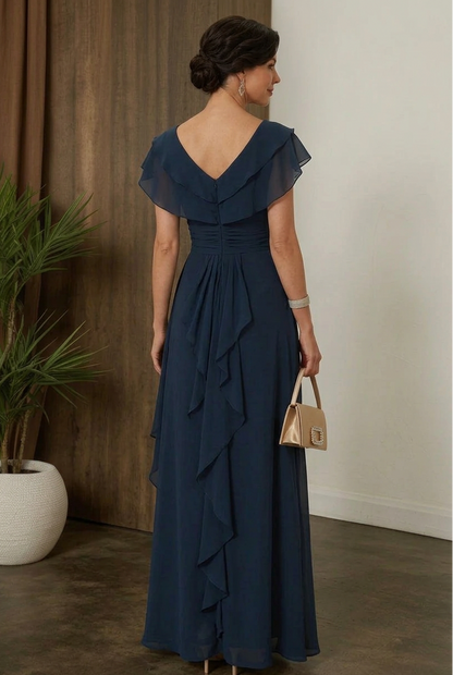 V-Neck Flutter Sleeve Gown with Side Draping