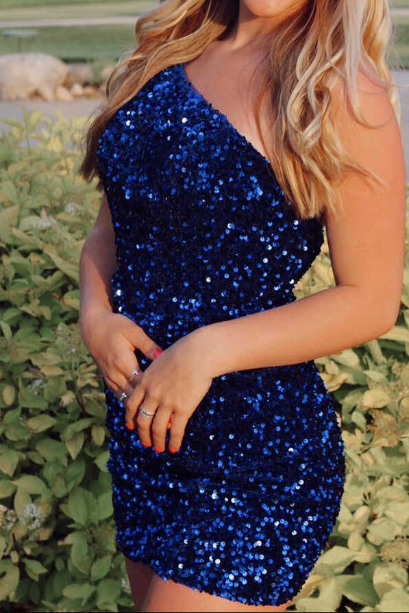 One-Shoulder Sequin Mini Dress with Cut-Out Back