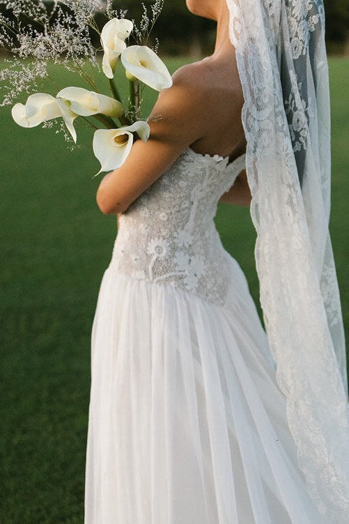Strapless Drop Waist Floral Embroidered Wedding Dress